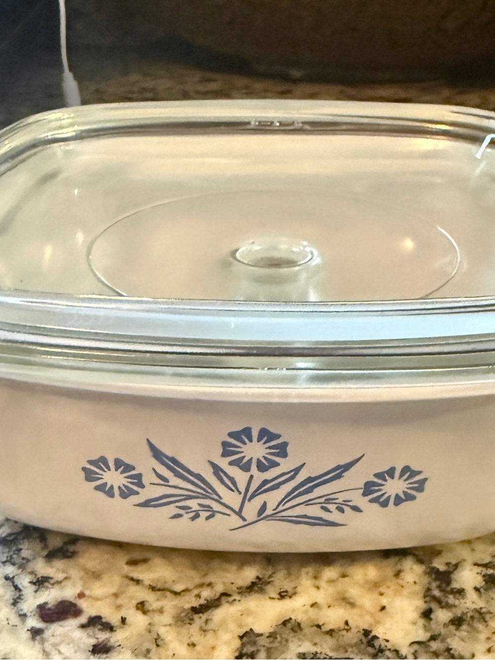 Corningware White Stoneware Casserole with Blue Floral Motif and Glass Lid